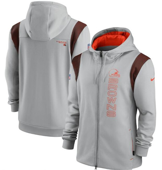 Men's Cleveland Browns 2021 Gray Sideline Team Performance Full-Zip Hoodie - Click Image to Close